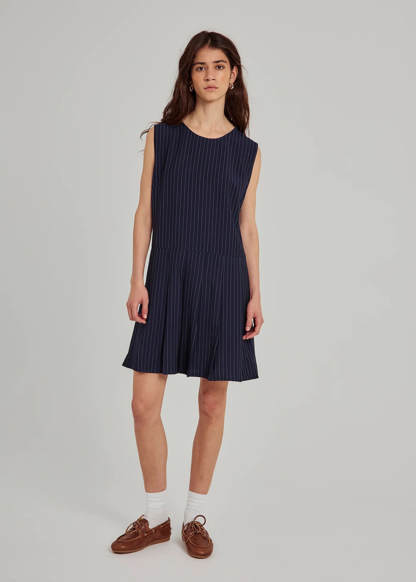 Neo pinstripe dress in navy pinstripe  BEYOND STUDIOS