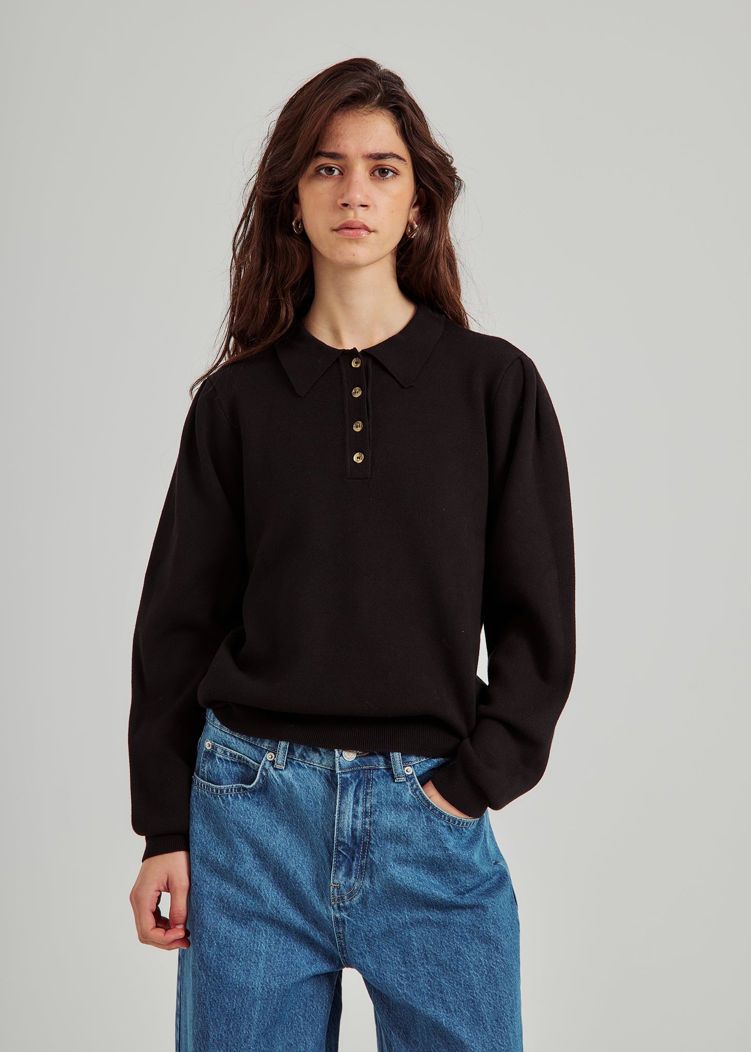 Als polo knit top in black