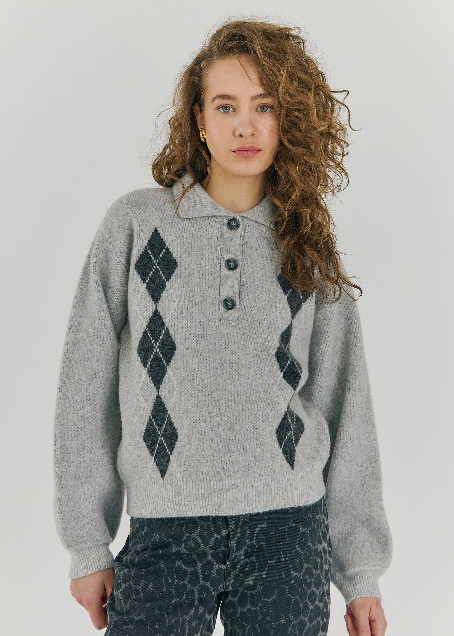 Breela polo knit top in light grey melange