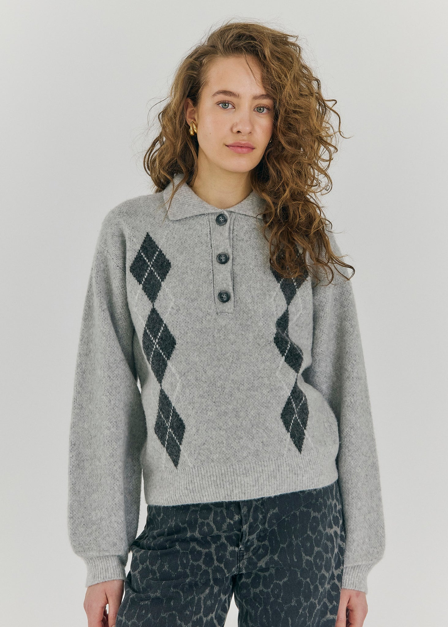 Breela polo knit top in light grey melange