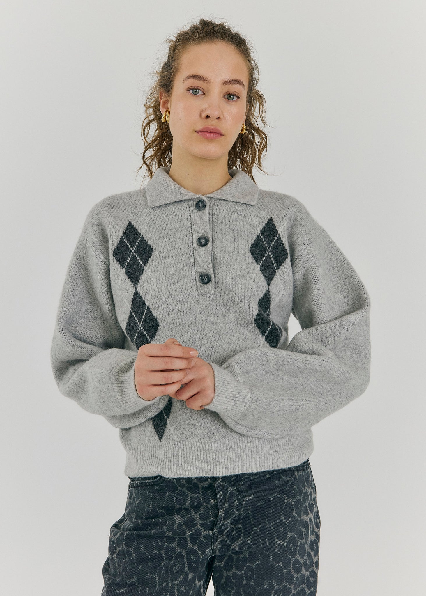 Breela polo knit top in light grey melange