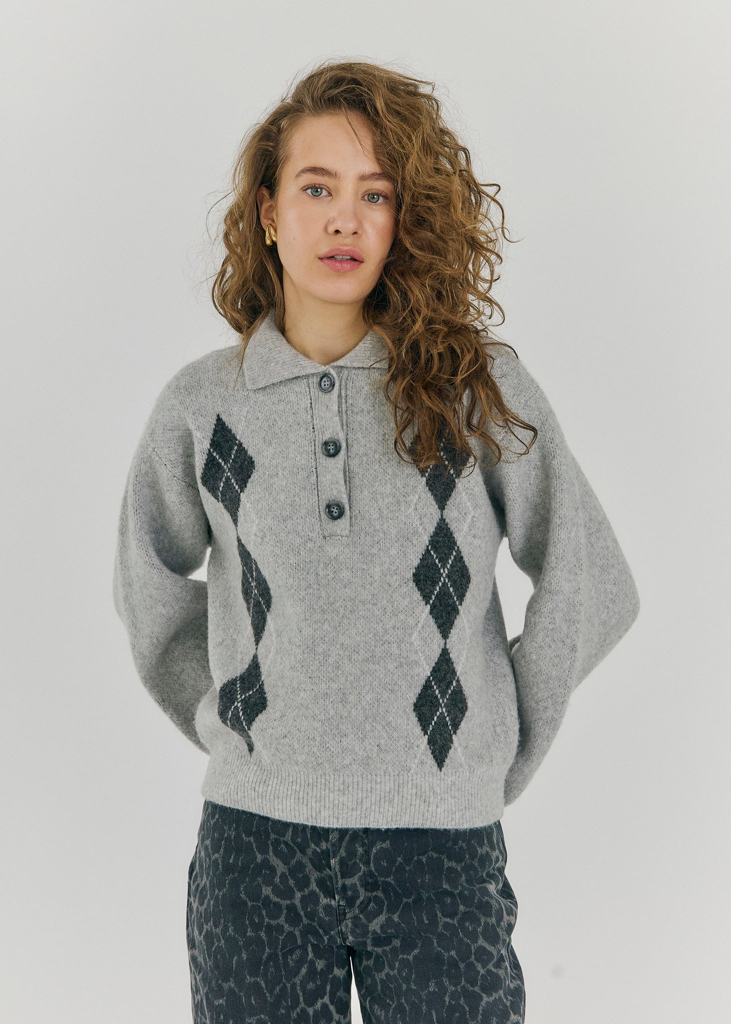 Breela polo knit top in light grey melange