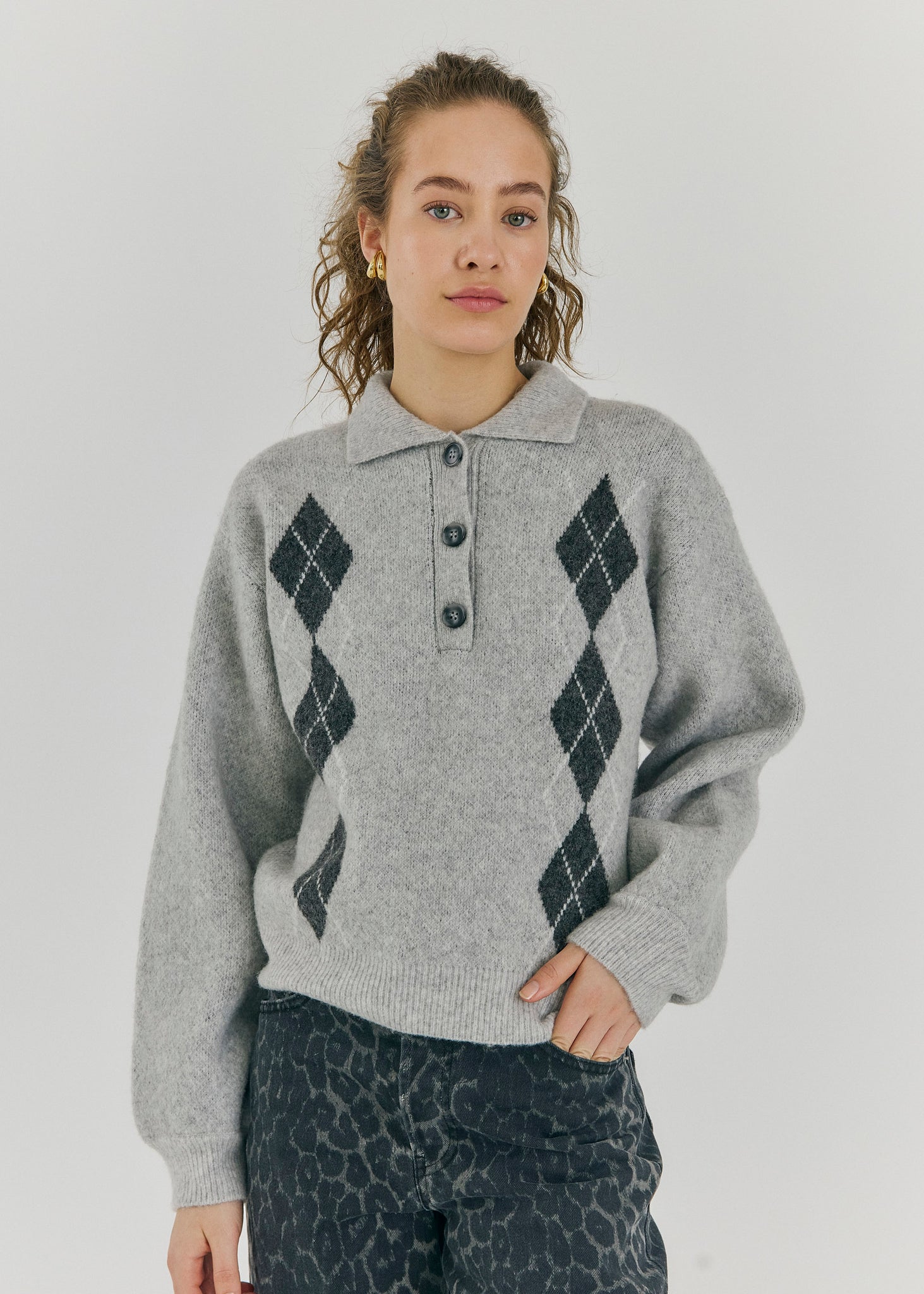 Breela polo knit top in light grey melange