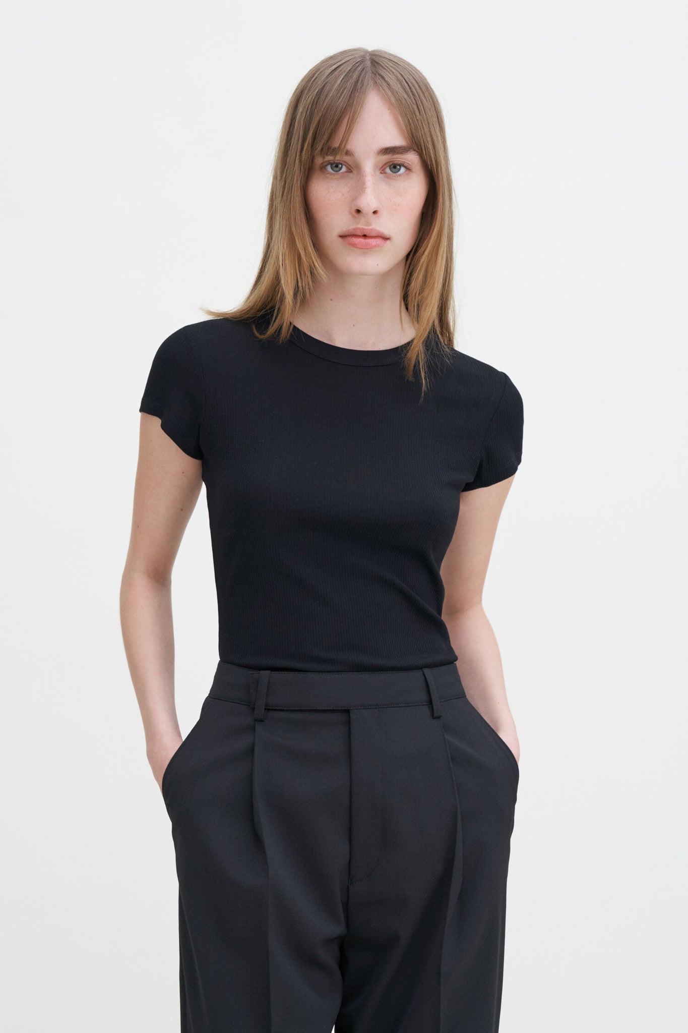 Fine rib tee in black by Filippa K