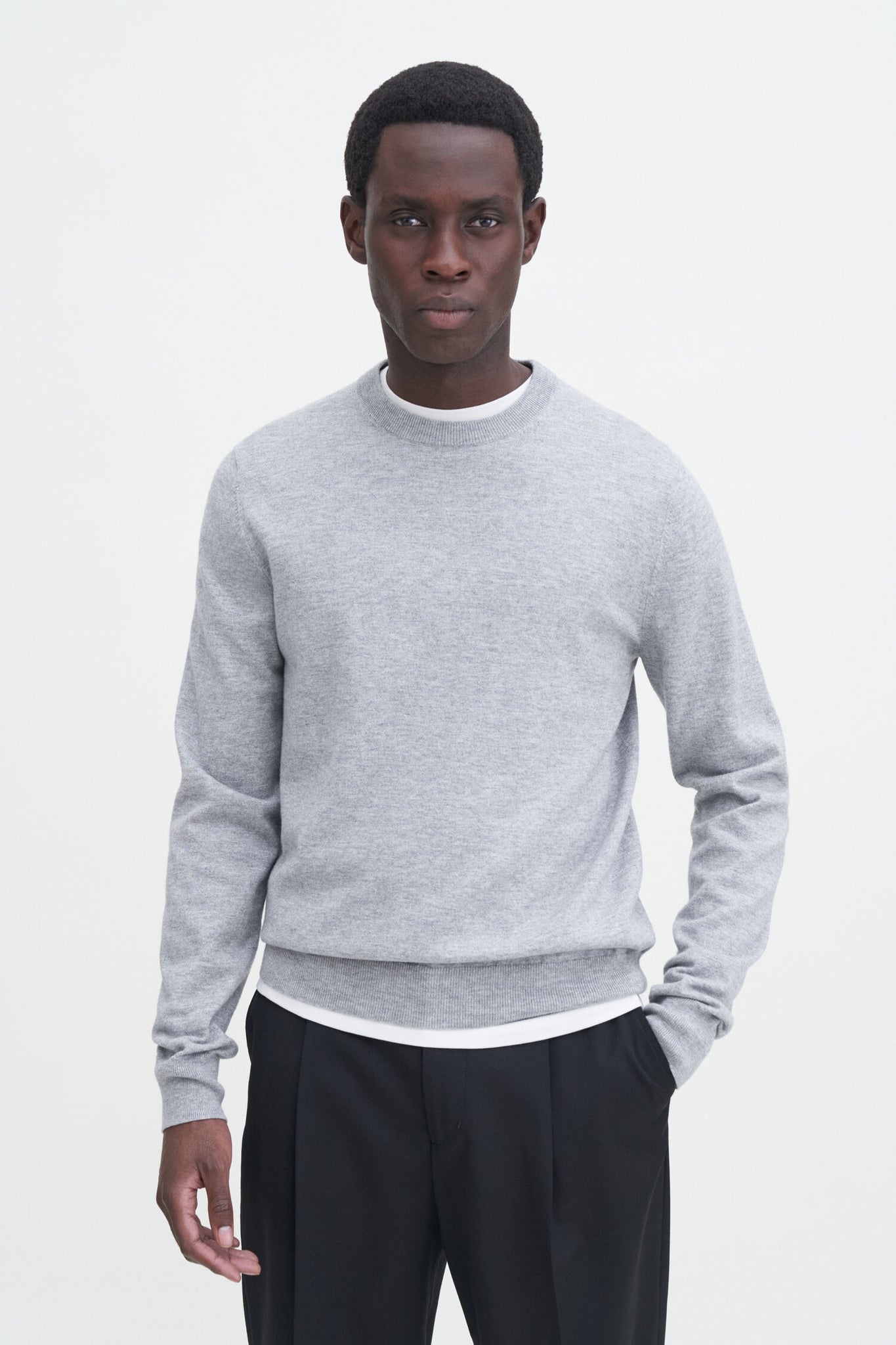 Cotton merino sweater in light grey melange