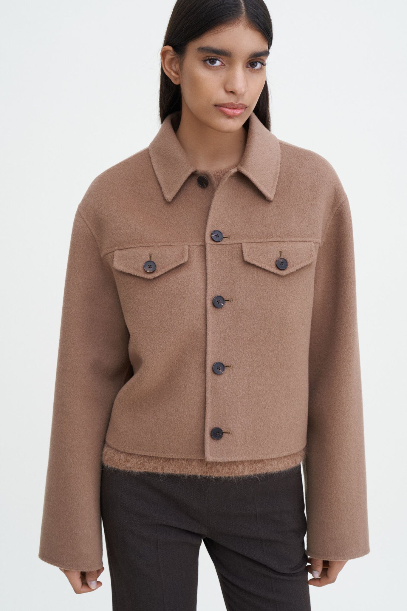 Short wool cashmere jacket in dark khaki by Filippa K