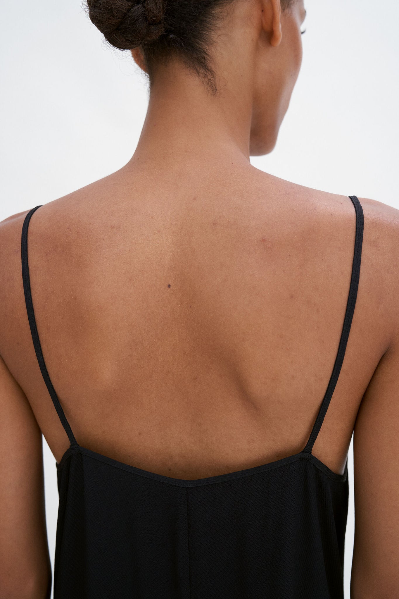 Draped twill strap dress in black