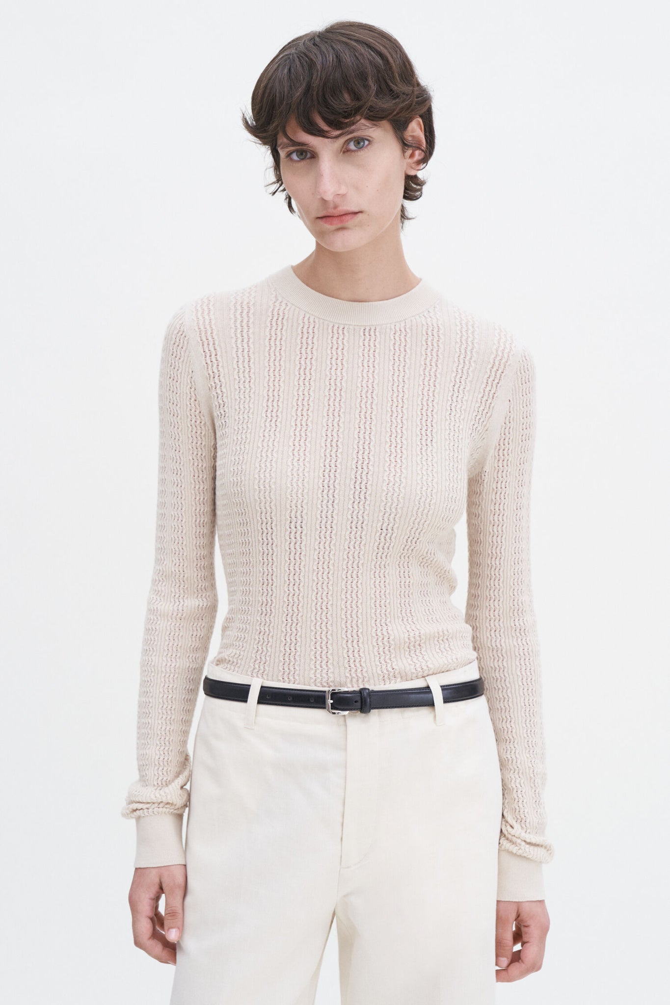 Lace knit top in light beige by Filippa K