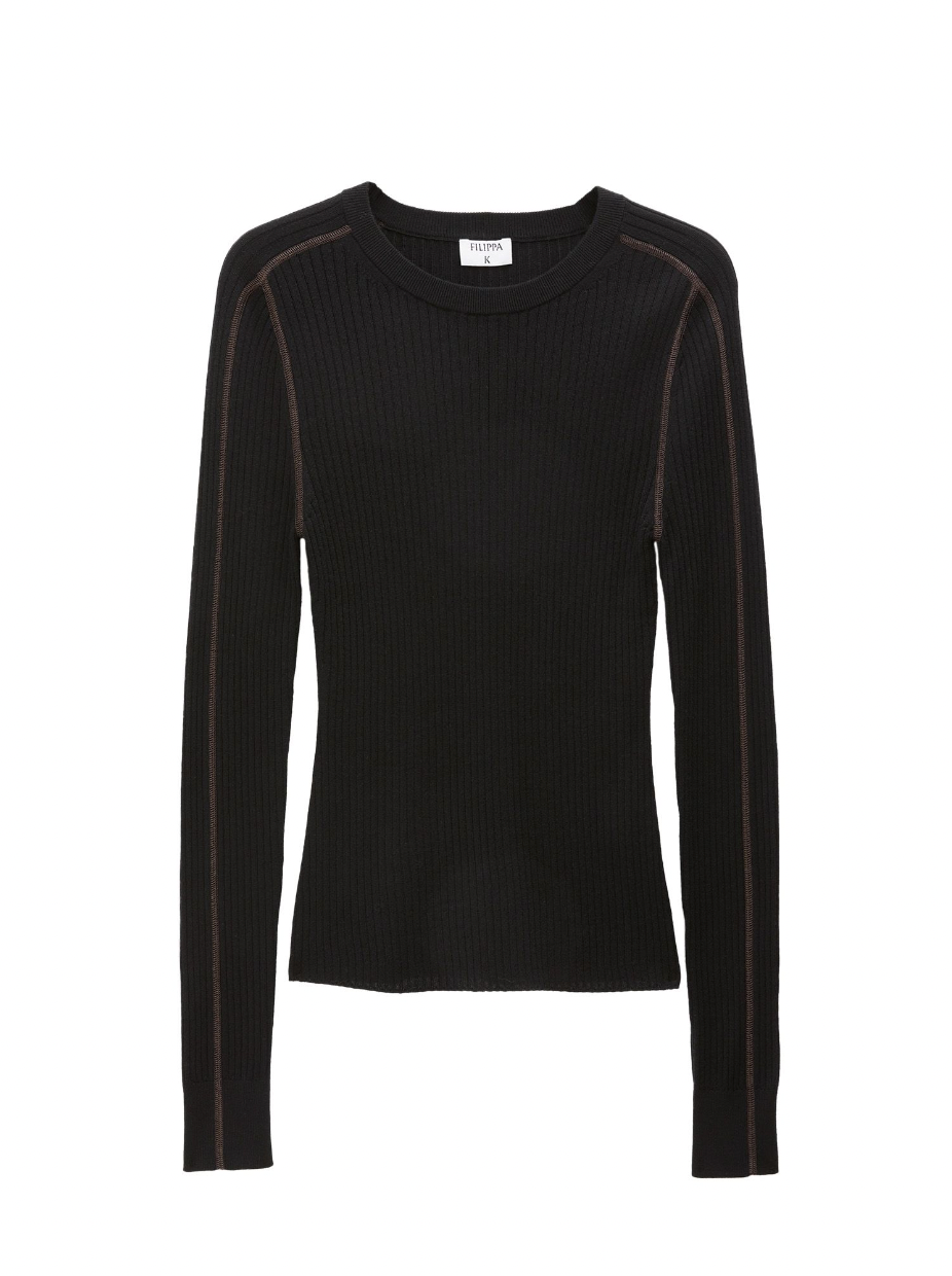 Light rib sweater with contrast stitching in black / brown