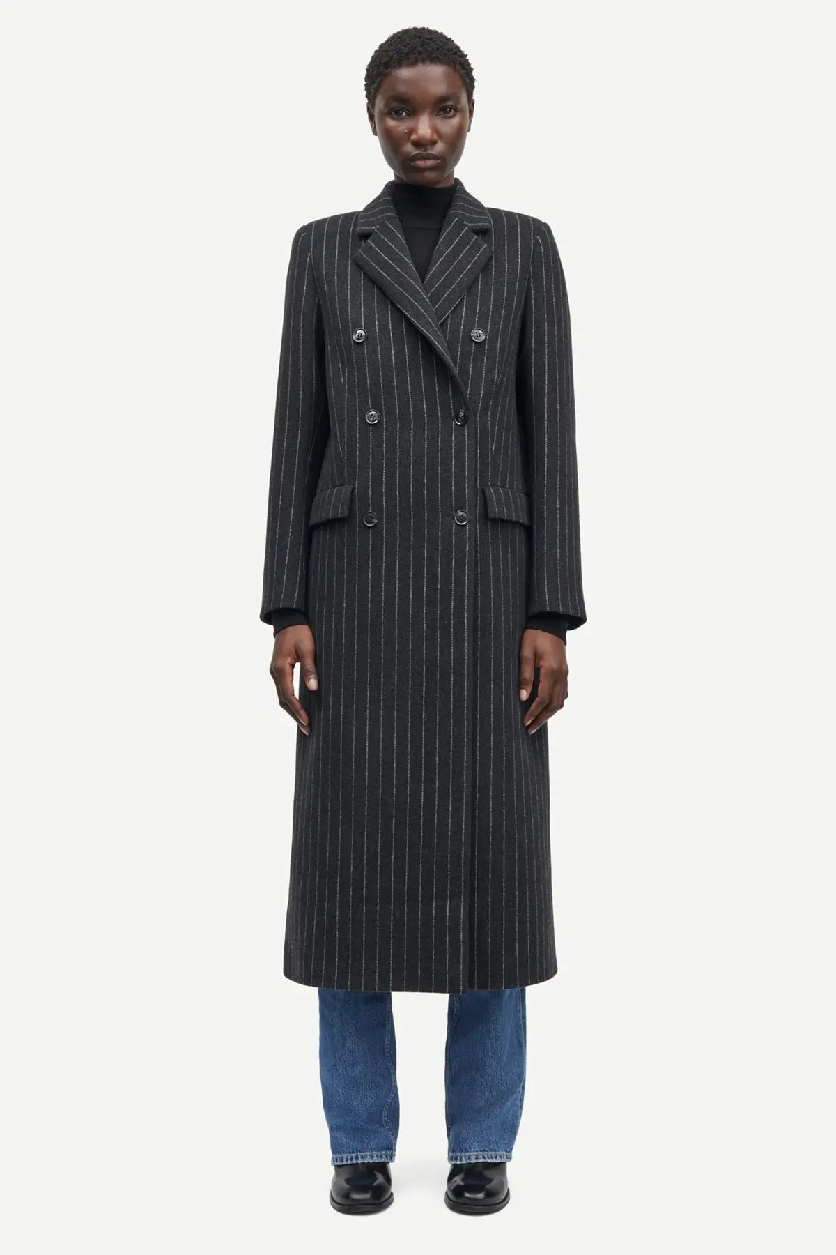 Long wool coat in dark grey pinstripe