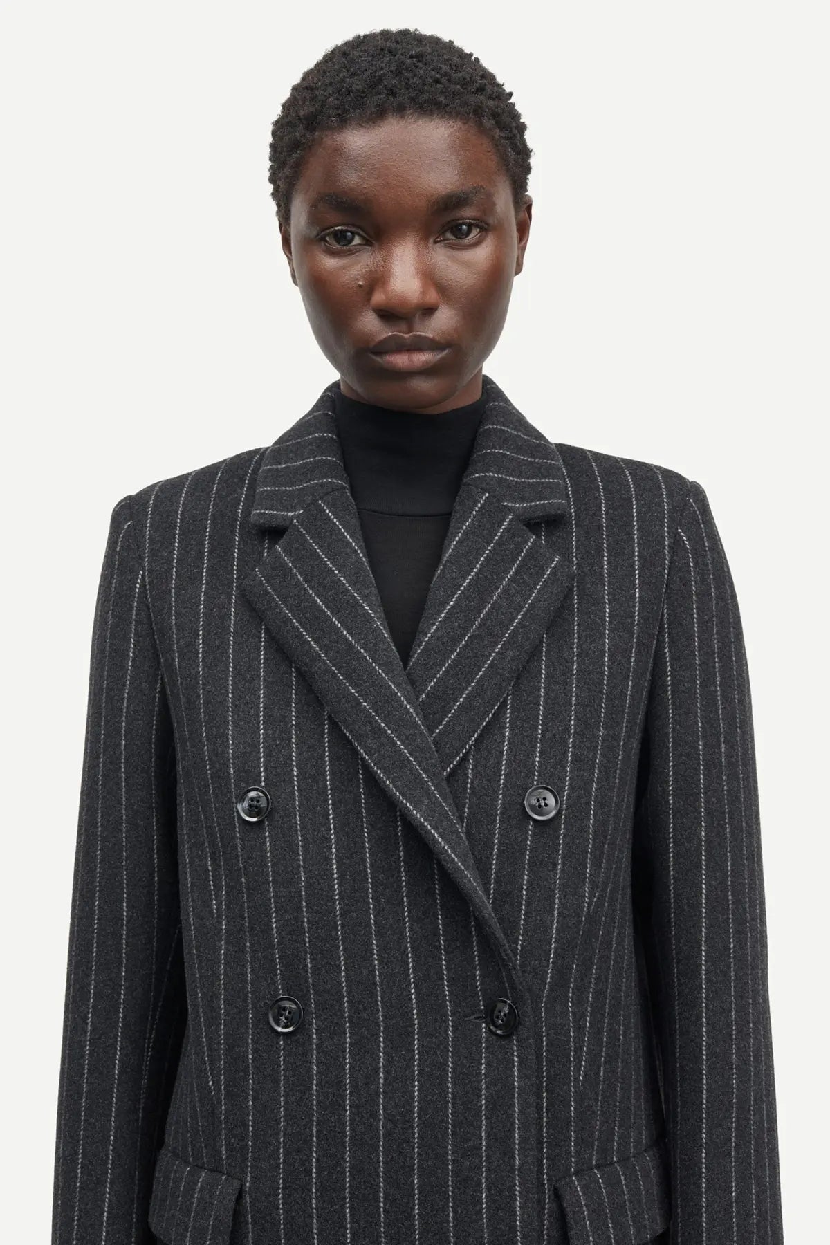 Long wool coat in dark grey pinstripe