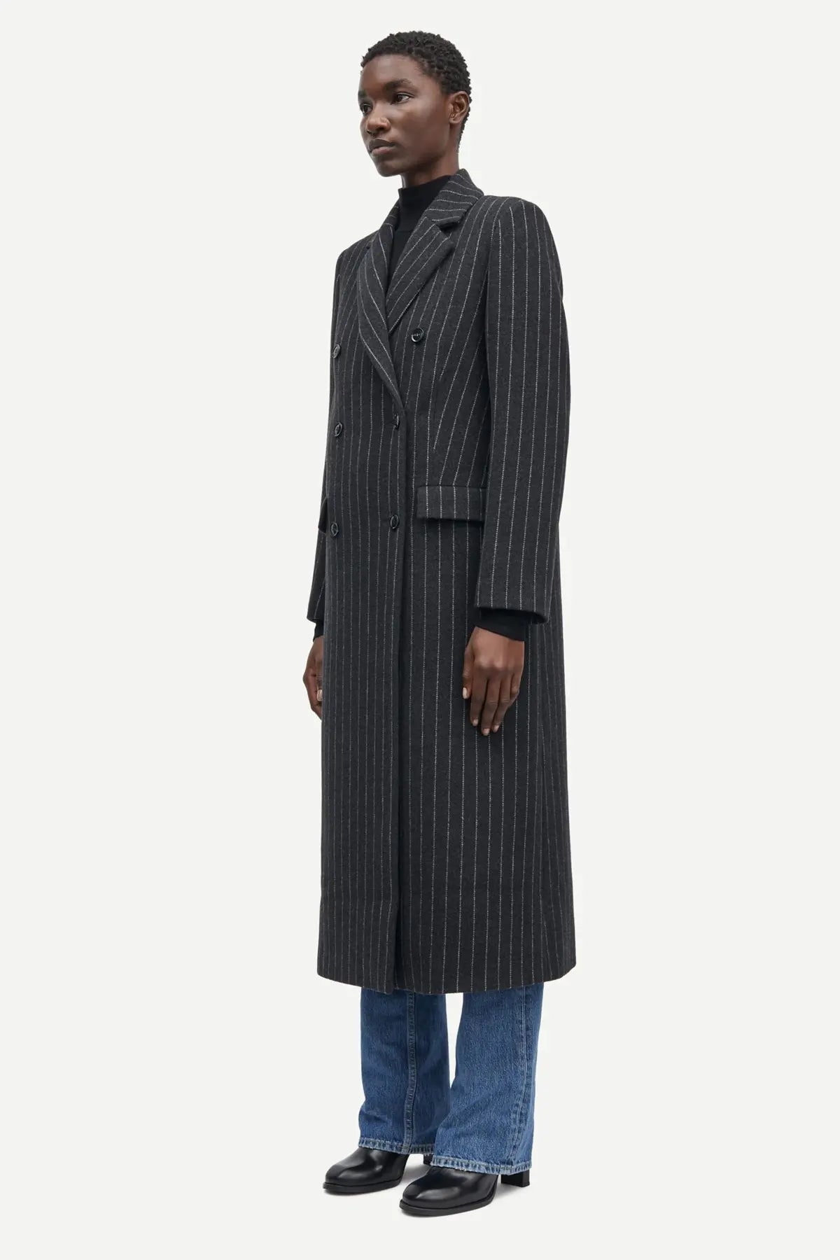 Long wool coat in dark grey pinstripe