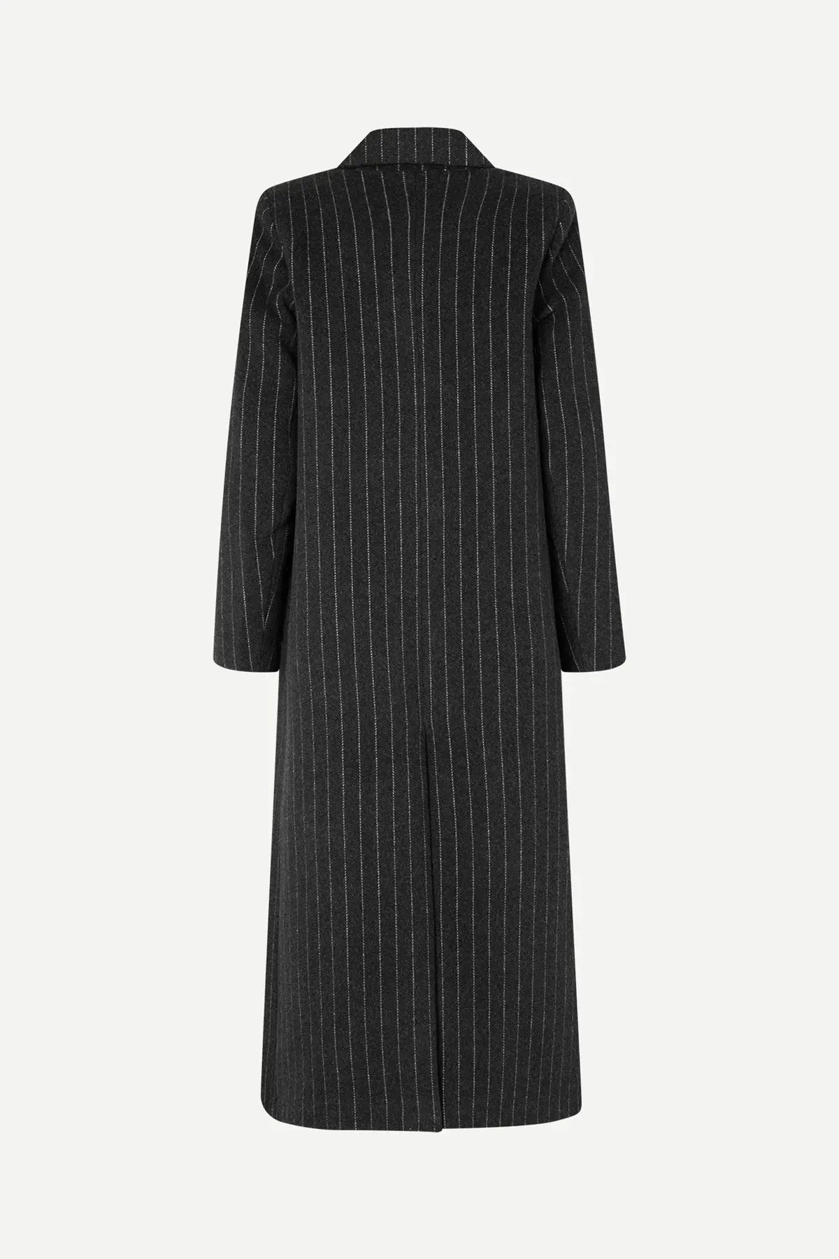 Long wool coat in dark grey pinstripe