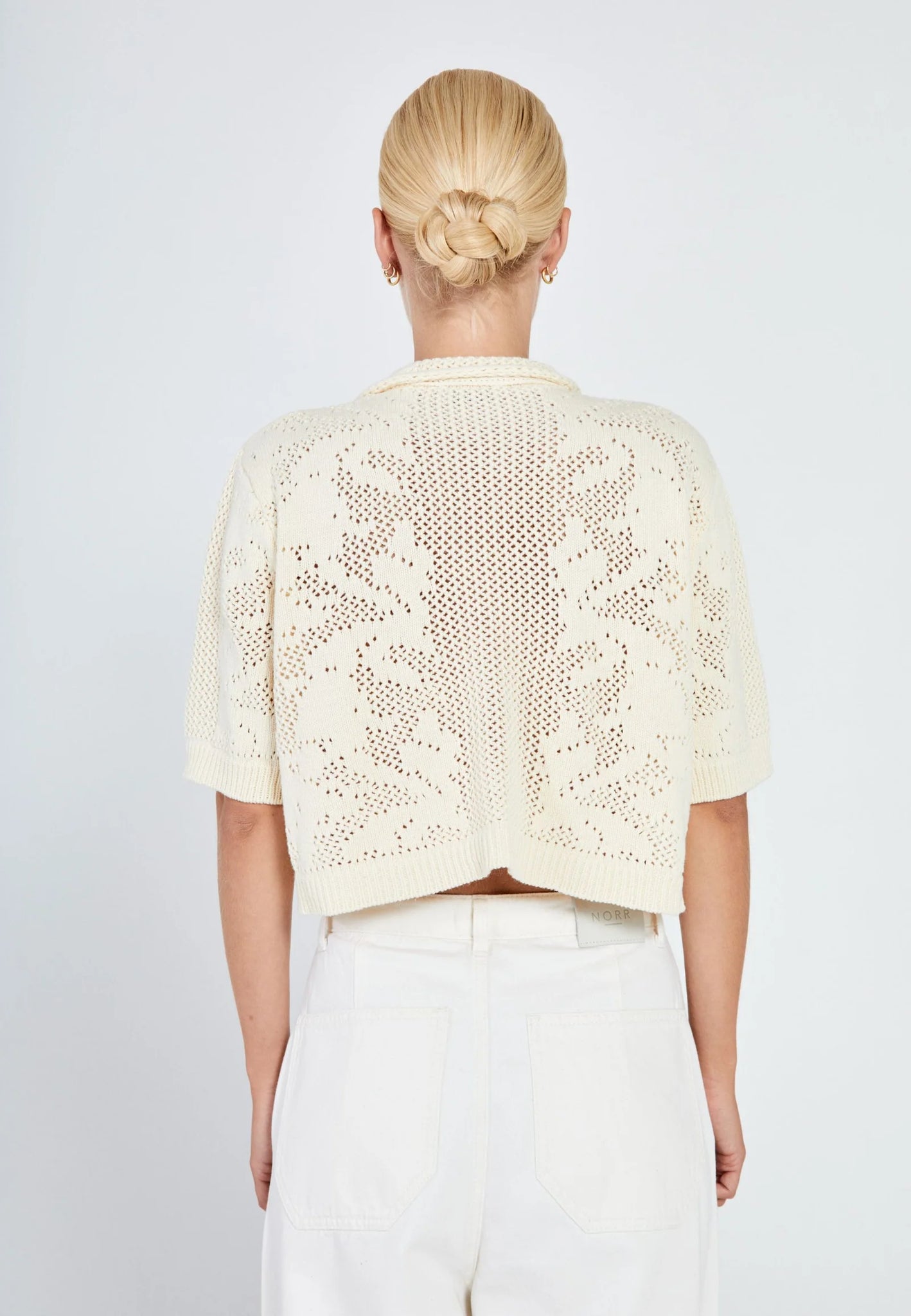 Crochet knit cardigan in off-white