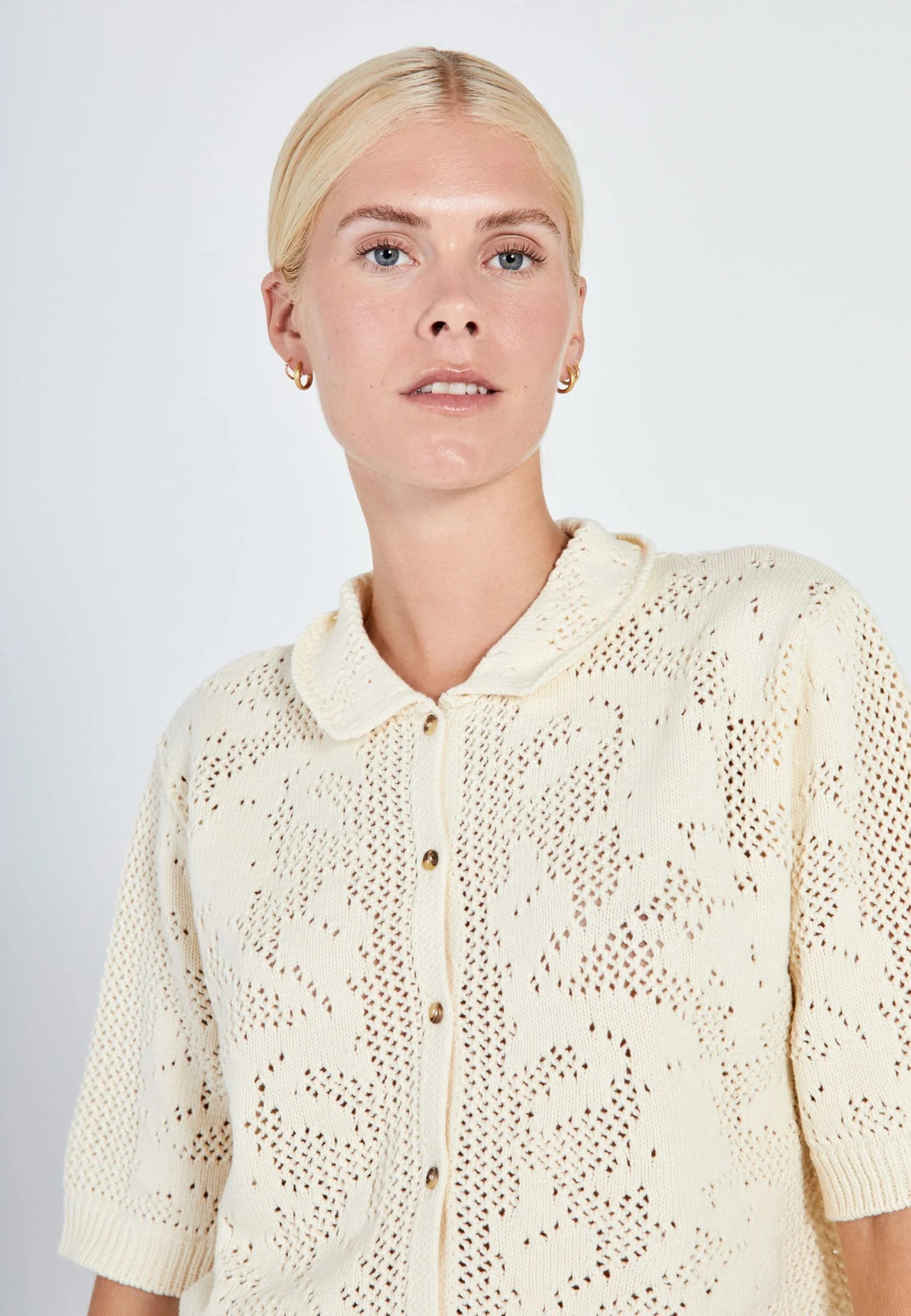 Crochet knit cardigan in off-white