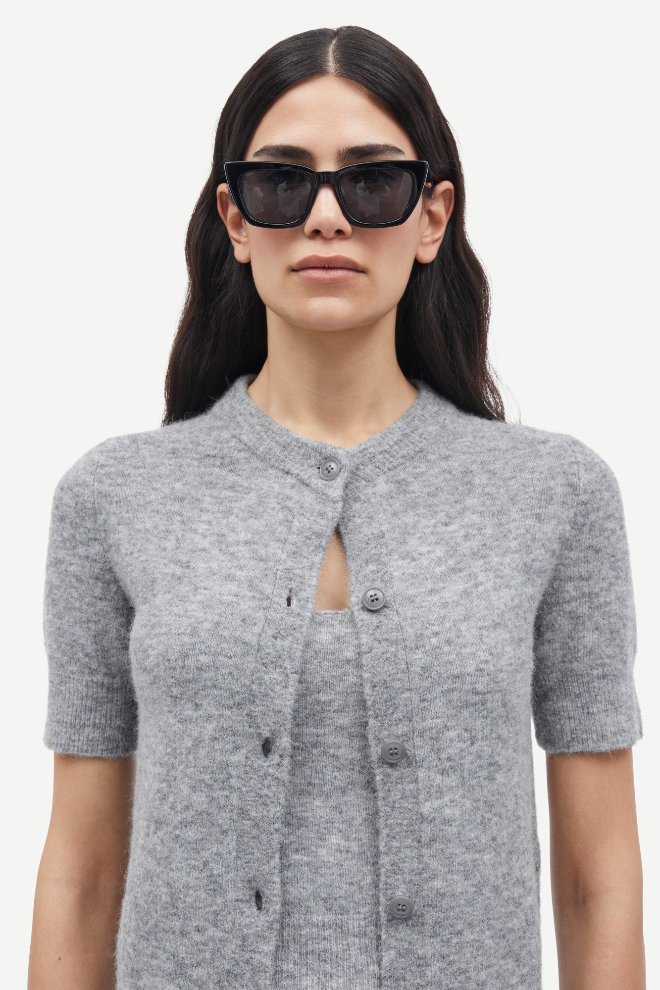 Knitted short-sleeved cardigan in grey melange