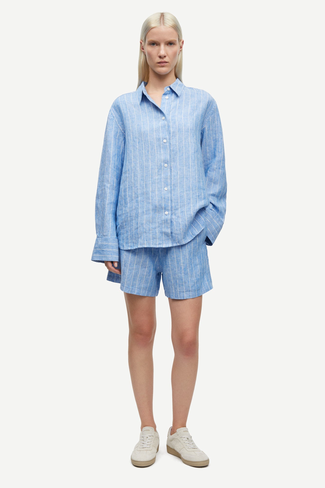 Linen drawstring short in blue jasper stripe