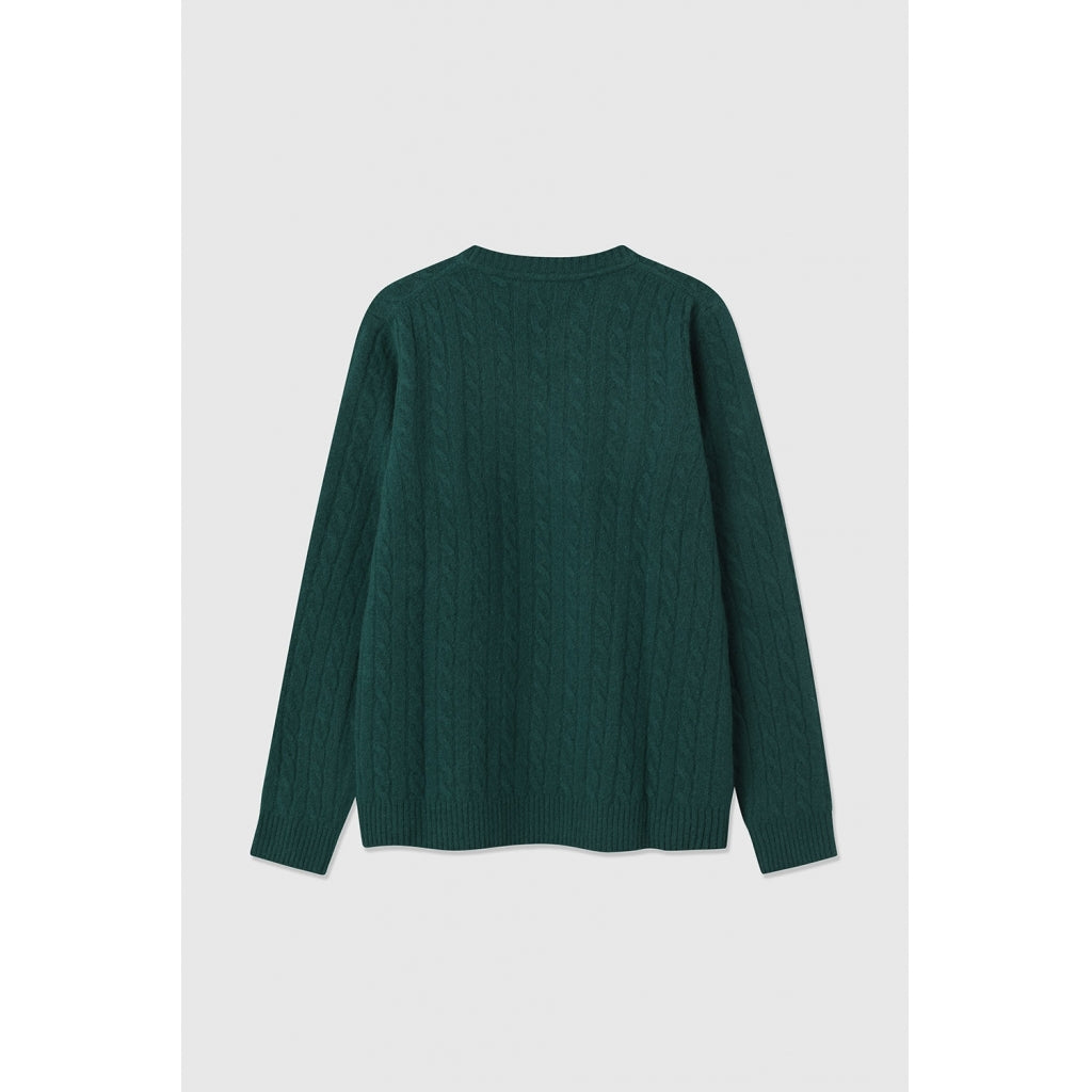 BECKETT LAMBSWOOL CABLE JUMPER IN DARK EMERALD BY WOOD WOOD