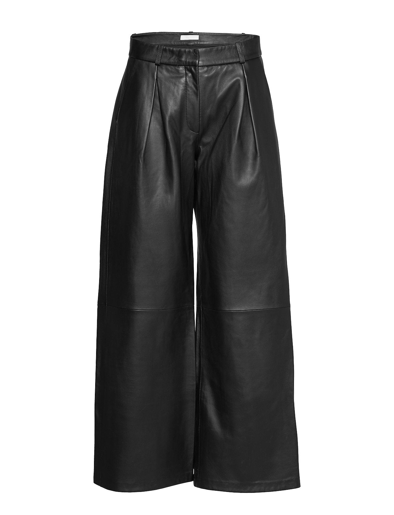 PLEATED FRONT STRAIGHT LEG LEATHER PANTS IN BLACK