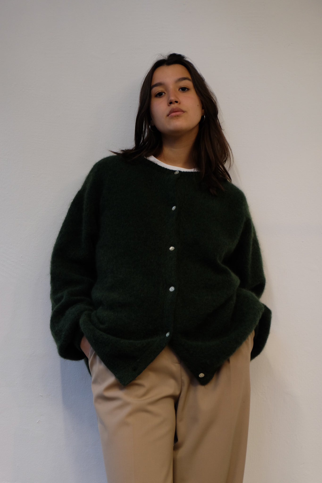PEARL BUTTONED OVERSIZED CARDI IN FIR GREEN