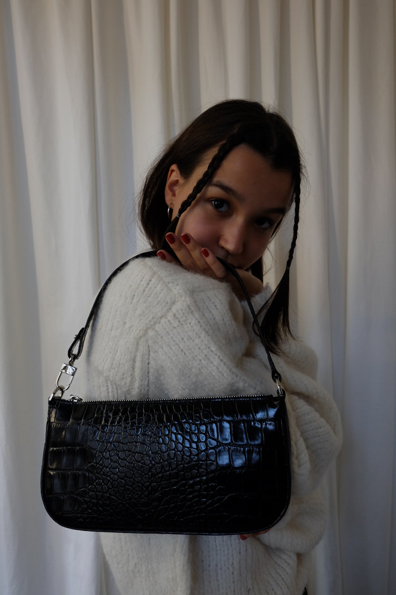 BY FAR RACHEL BLACK CROCO EMBOSSED LEATHER – BEYOND STUDIOS