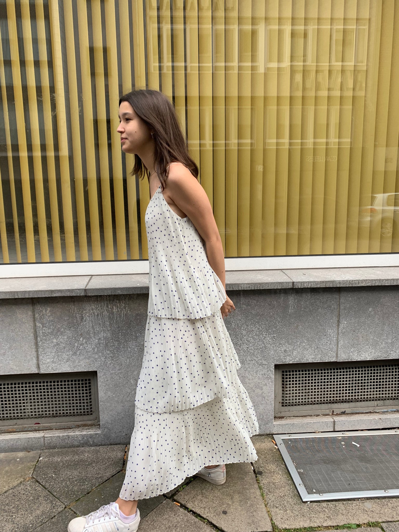 PLEATED MAXI DRESS WITH BLUE MINI DOTS