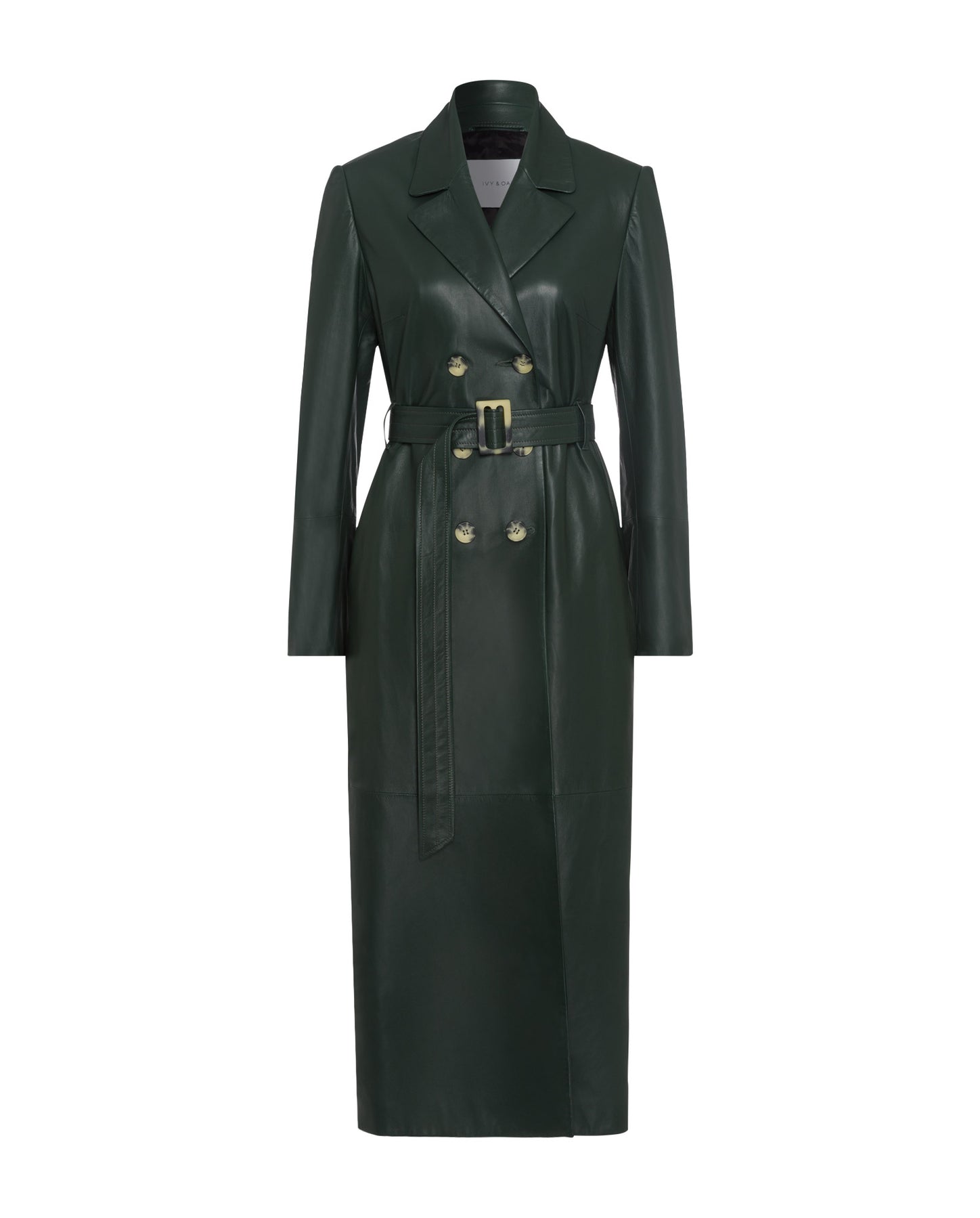 CHROME FREE LEATHER COAT IN MOSS GREEN – BEYOND STUDIOS