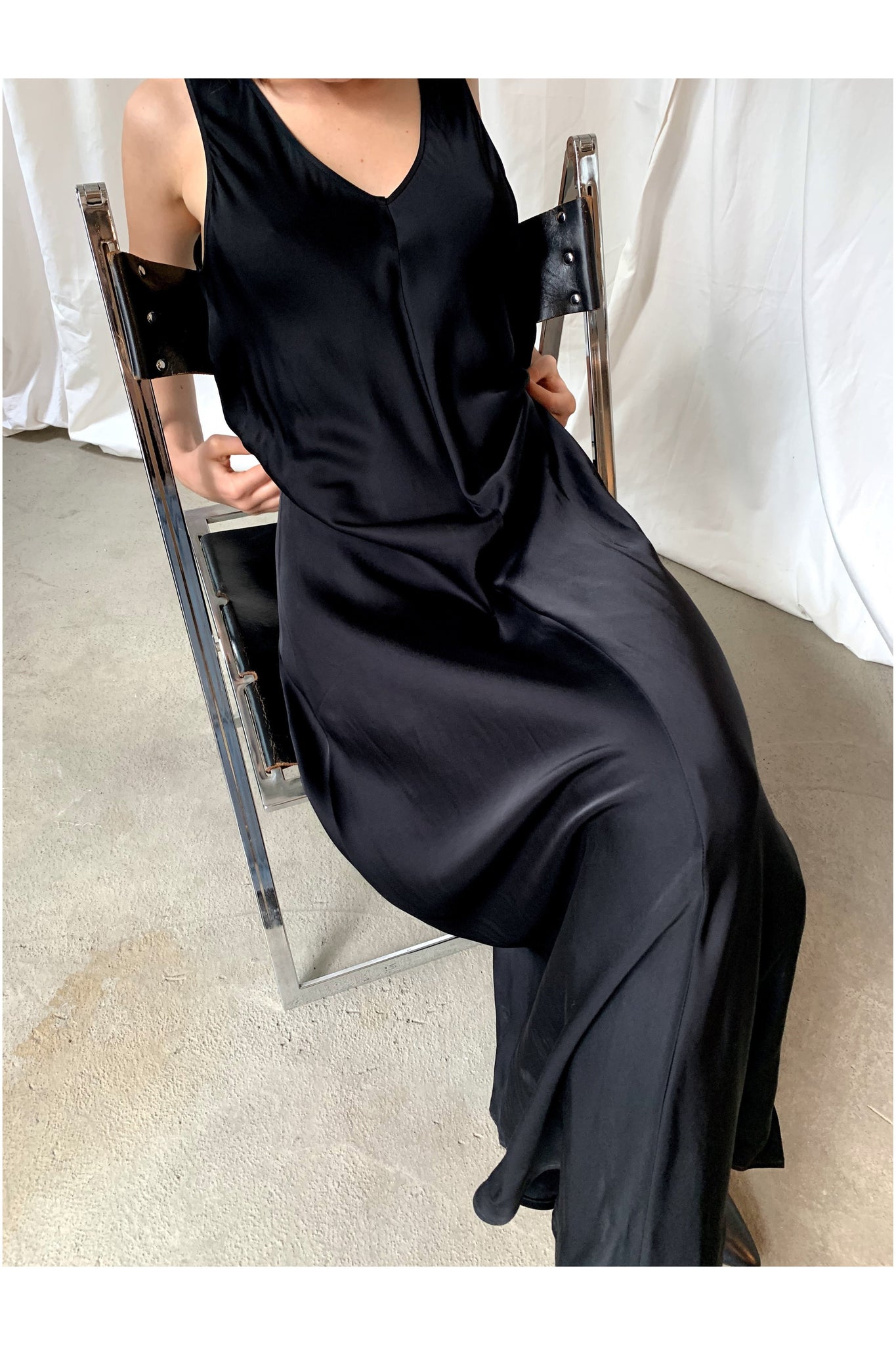BLACK SATIN MAXI DRESS WITH DEEP V NECKLINE - BEYOND STUDIOS